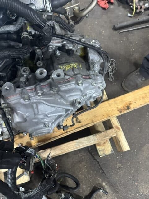 Engine components on a workshop stand